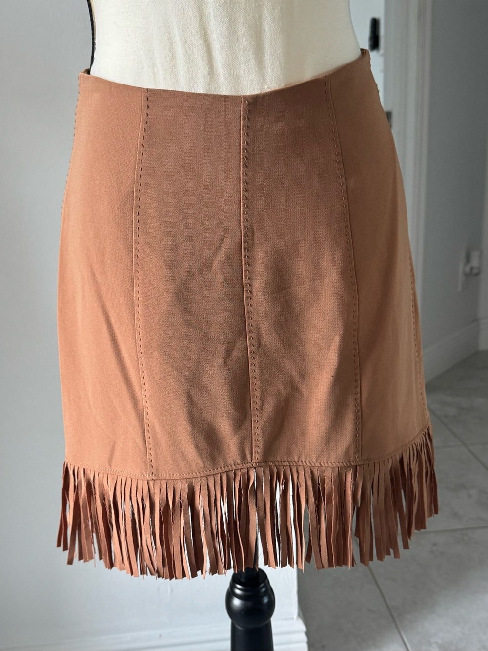 cinq a sept Rust Fringe Hem Faux Suede Mini Skirt